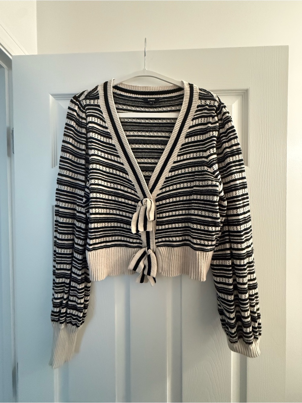 Express Black and Cream Striped Tie-Front Cardigan